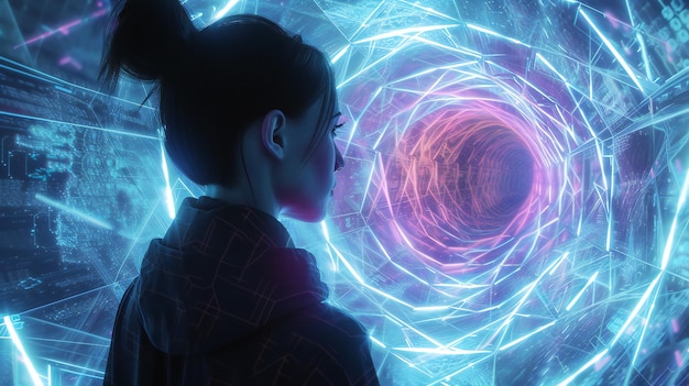 Woman Immersed in Futuristic Virtual Reality Tunnel Technology Innovation Cybernetic