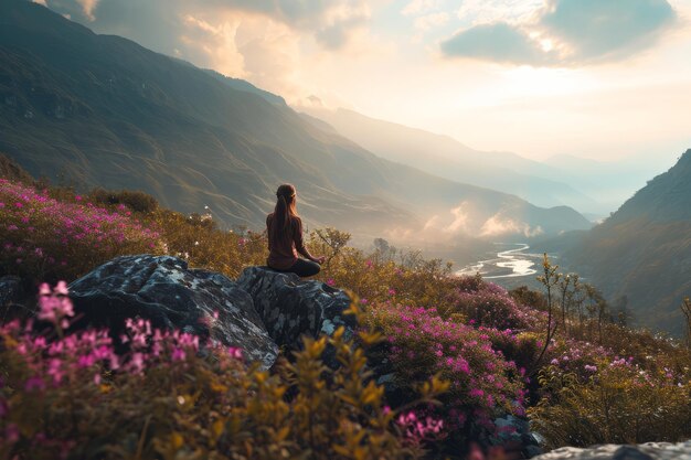 A woman immersed in nature capturing her amidst a yoga pose on a serene mountainside