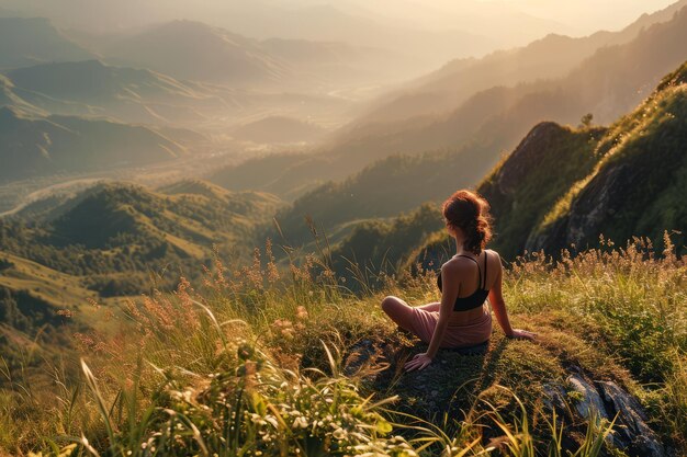 A woman immersed in nature capturing her amidst a yoga pose on a serene mountainside