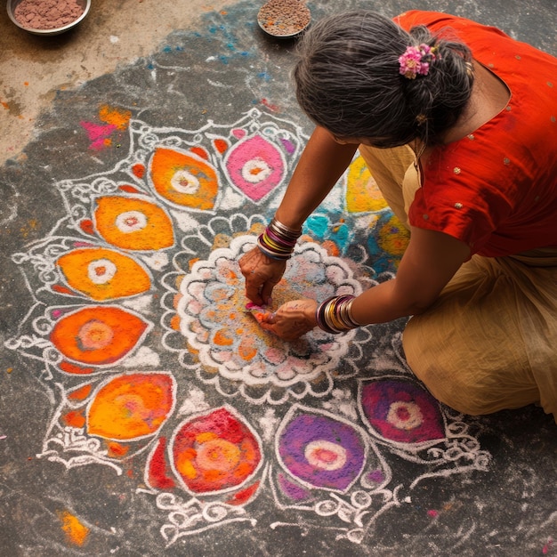 Photo a woman in india creates a colorful rangoli design on the ground using chalk and colored powder