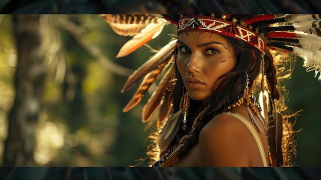 Woman indian apache traditional tribe feathers on her head background wallpaper AI generated image