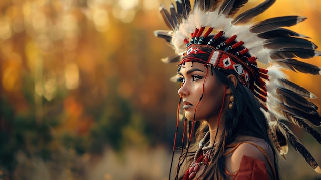 Woman indian apache traditional tribe feathers on her head background wallpaper AI generated image