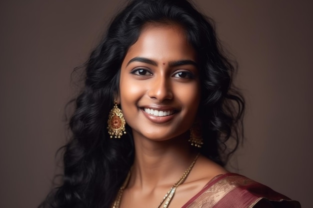 Woman indian and portrait in studio with smile for happiness natural beauty or brown skin empowerment