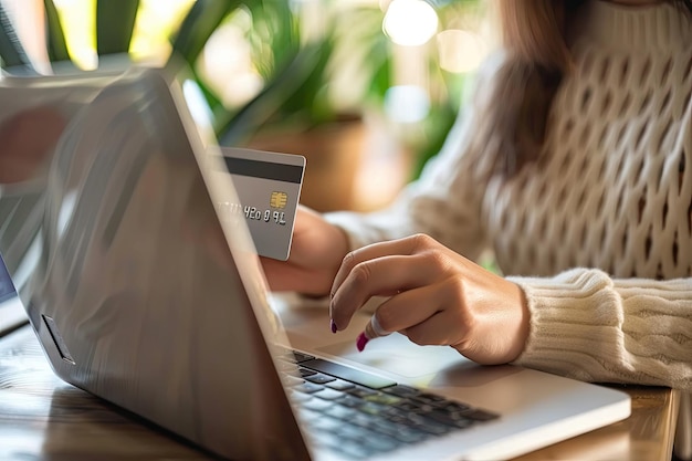 Woman Inputting Her Credit Card Information into Her Laptop