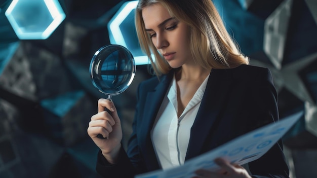 Photo woman inspecting document closely