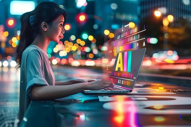 Woman interacting with an AI hologram in a futuristic city highlighting the integration of artific