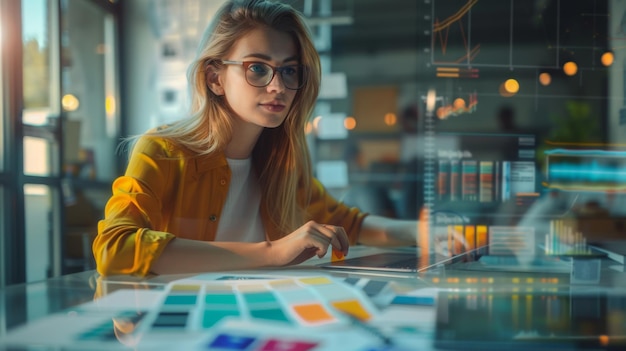 Photo woman interacting with hightech workspace