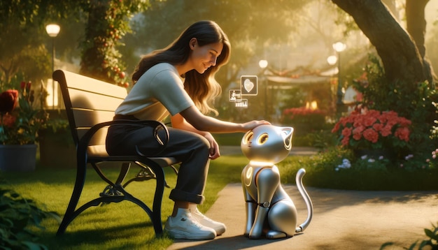 Woman Interacting with Robotic Cat in Park