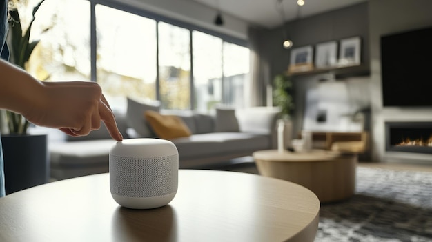 Woman interacting with smart speaker in modern living room