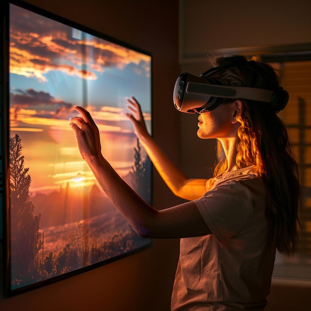 Woman Interacting with Sunset Simulation on Large Screen