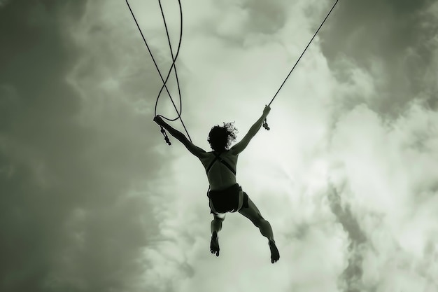 A woman in an inverted position suspended by a rope highlighting her flexibility and skill in aerial performance A graceful trapeze artist soaring through the air AI generated