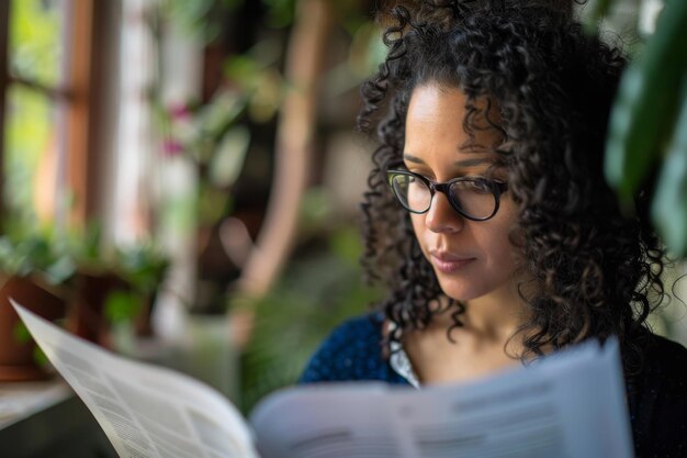 A woman is absorbed in reading a book wearing glasses