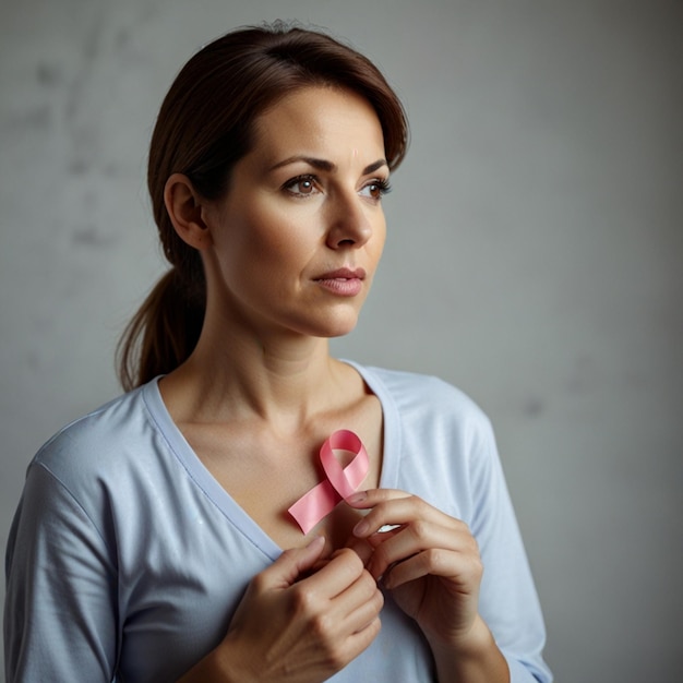 Photo a woman is adjusting a pink ribbon with a pink ribbon