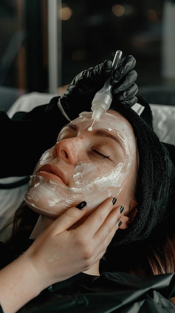 a woman is applying cream on her face