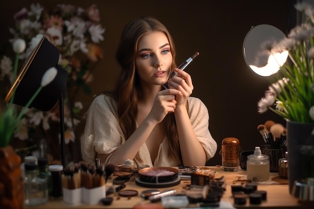 A woman is applying makeup in front of a lamp.