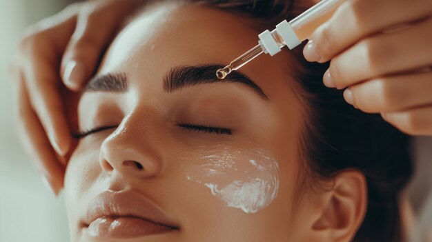 a woman is applying makeup with a brush