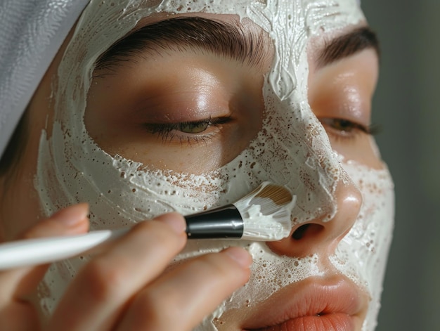 A woman is applying a white face mask