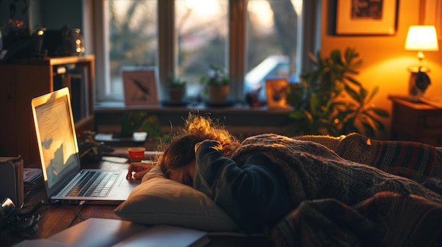 A woman is asleep at her desk with a laptop open and papers scattered around her The sun is setting outside casting warm light into the room