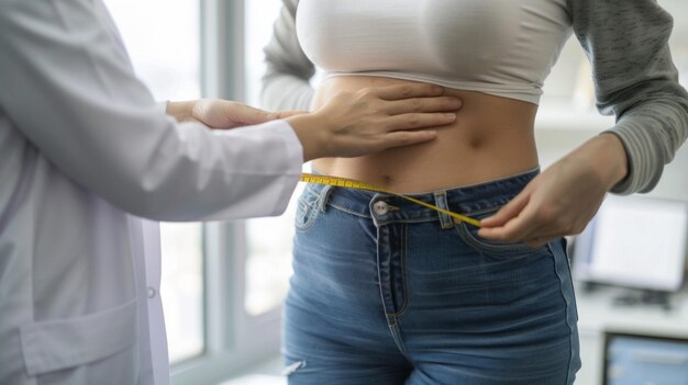 A woman is being measured for her waist size by a doctor