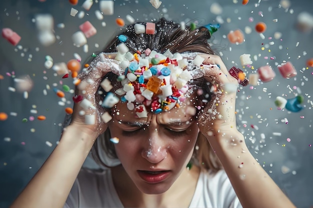 Photo a woman is blowing bubbles with the word candy on it