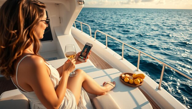 Photo a woman is on a boat with a phone and some fruit