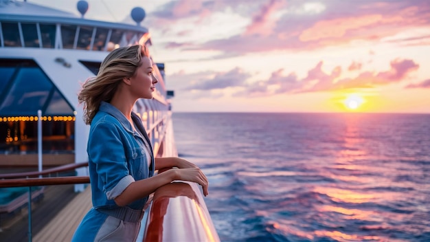 Photo a woman is on a boat with the sun setting behind her