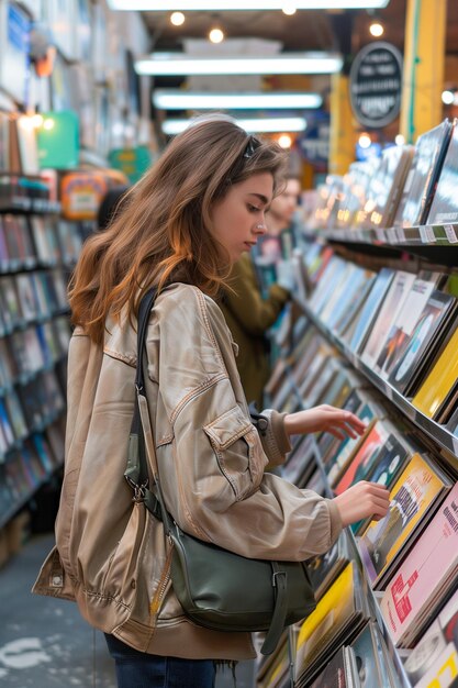 Photo a woman is browsing through a book store looking at the books on the shelves