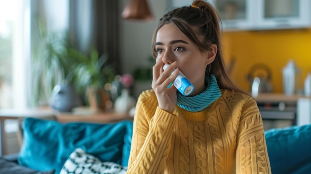 Photo a woman is brushing her teeth with a blue and white object