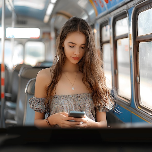 a woman is on a bus with a cell phone