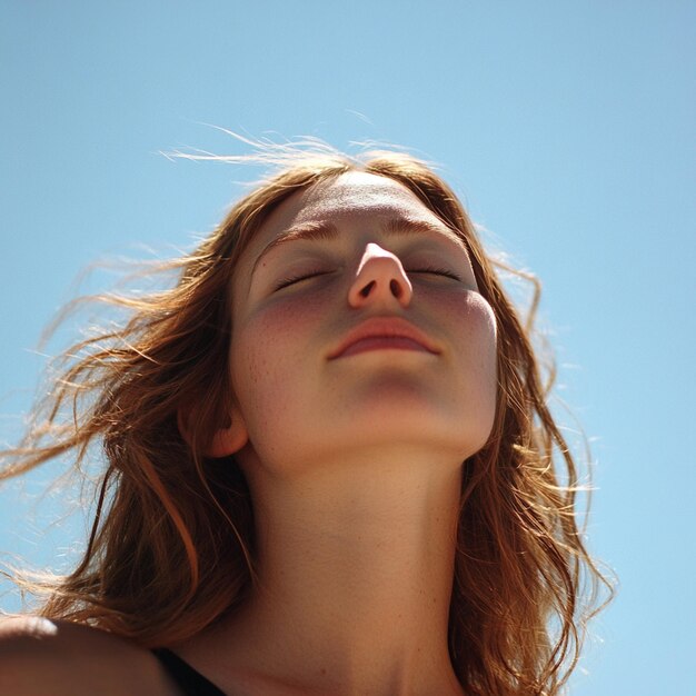 Photo woman is captured basking in the warmth of the sun her eyes gently closed and face tilted upward