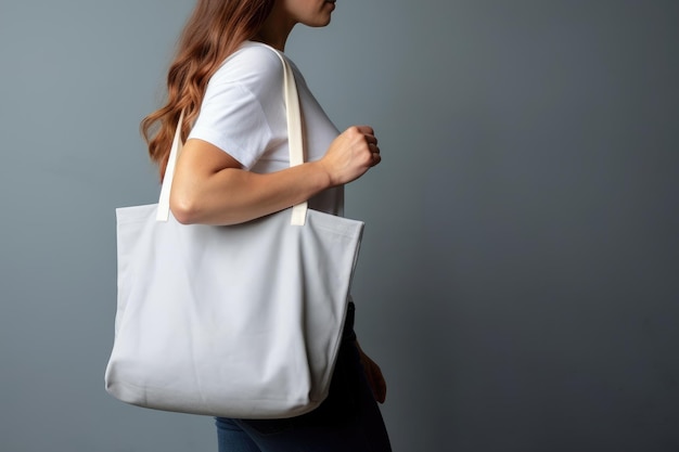 A woman is carrying a canvas tote bag mockup