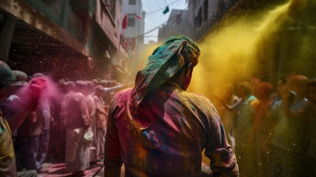 A woman is celebrating holi festival in india