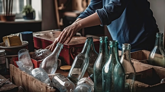 A woman is cleaning a bottle with a red box in the background.