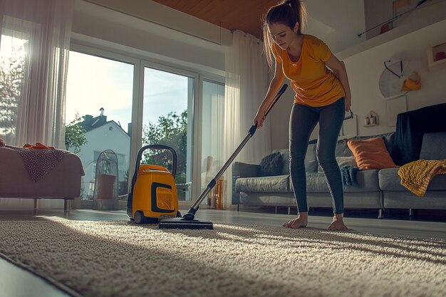 a woman is cleaning the carpet with a vacuum cleaner