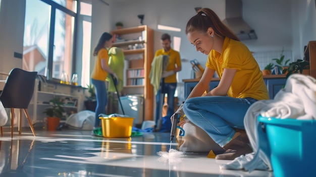 a woman is cleaning the floor with a yellow shirt