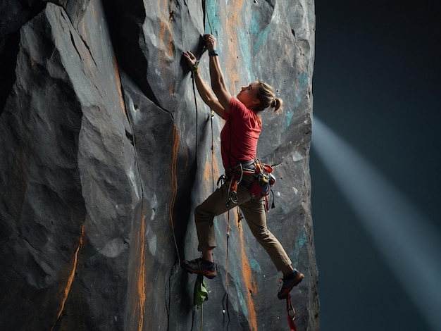 a woman is climbing a rock wall with the word  crucifix  on it