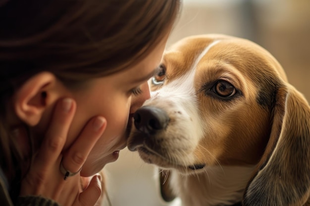 The woman is in close contact with her dog and they are posing nosetonose Generative AI