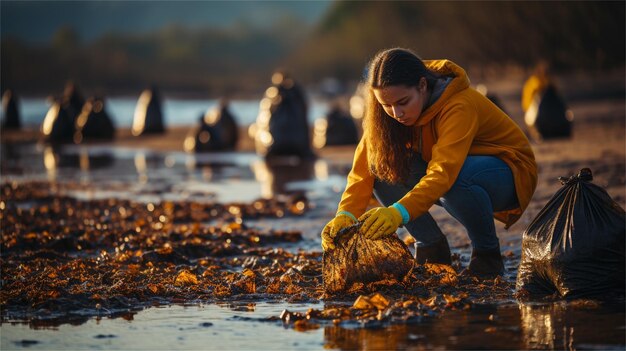 a woman is collecting mussels from the mud.