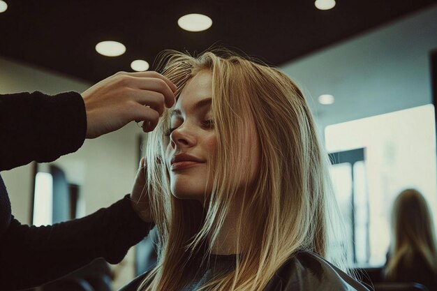 Photo a woman is combing her hair with a comb