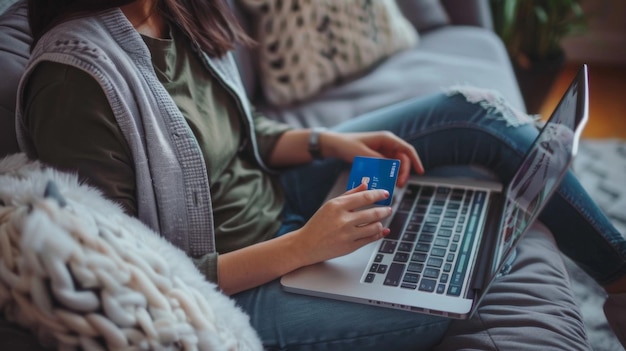 Photo a woman is comfortably seated on a couch at home holding a credit card and shopping online on her laptop