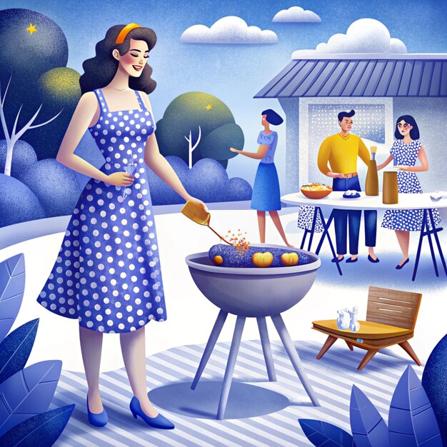 Photo a woman is cooking in a blue and white polka dot dress