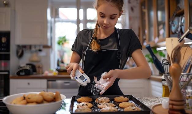 Photo a woman is cooking food in a kitchen with a timer