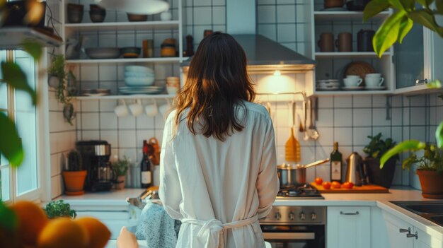 Woman is cooking in the kitchen back to the camera