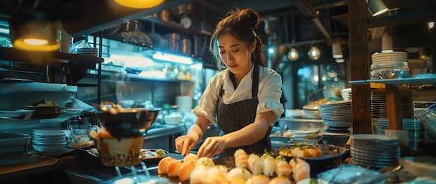 A woman is cooking in the kitchen of a Japanese restaurant