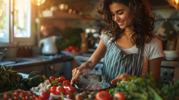 A woman is cooking in a kitchen with a variety of vegetables including tomatoes She is smiling and she is enjoying herself