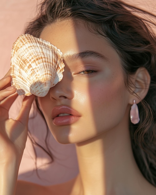 a woman is covering her eyes with a shell