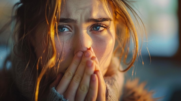 Photo a woman is covering her mouth with her hands