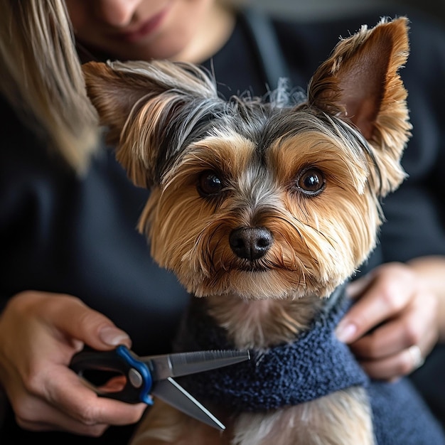 a woman is cutting a dog with a knife and a blue cloth