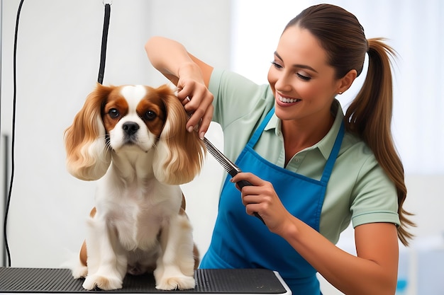 Photo a woman is cutting a dog with a knife