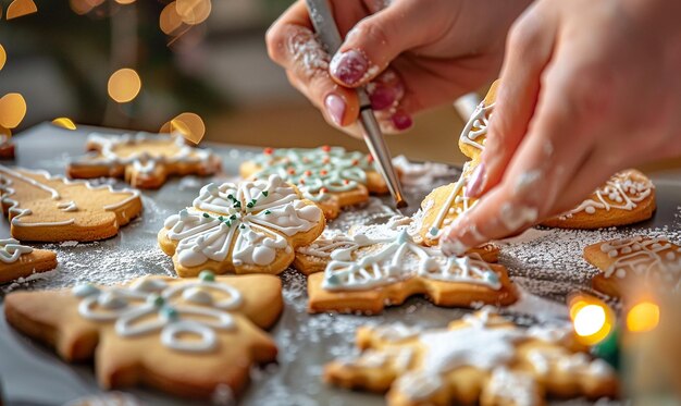 Photo a woman is cutting a gingerbread christmas cookie with a knife